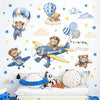 Wall stickers featuring teddy bear pilots flying airplanes and balloons for kids' rooms
