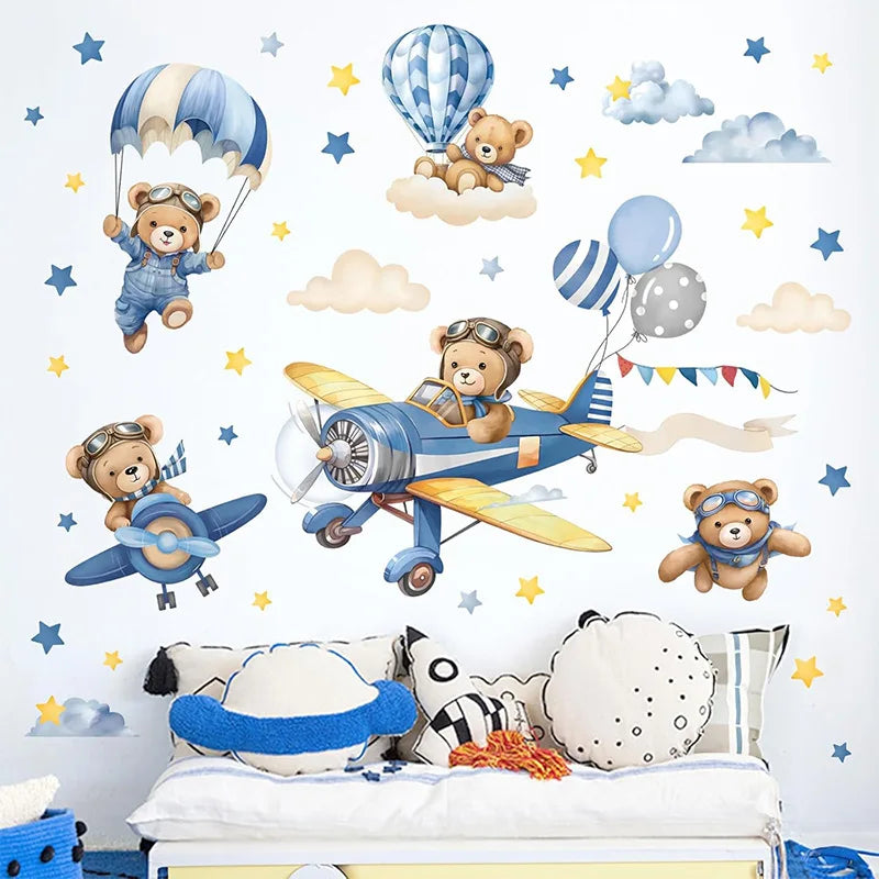 Wall stickers featuring teddy bear pilots flying airplanes and balloons for kids' rooms