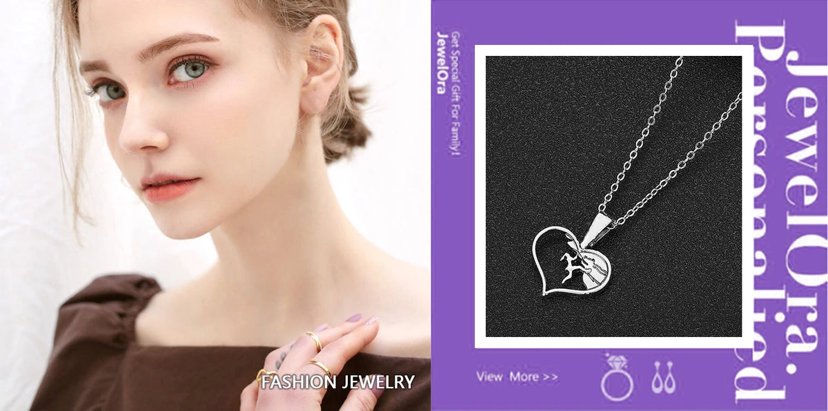 A close-up of a woman wearing a silver heart necklace, displayed against a purple background.