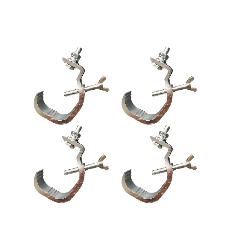 Three aluminum C-clamp hooks used for securing stage lighting trusses.