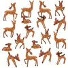 A collection of various mini deer figurines in shades of brown and tan, displayed in different poses.