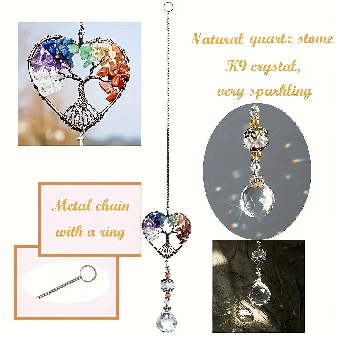 A pendant featuring a metal chain with a ring and a heart-shaped crystal tree of life sun catcher.