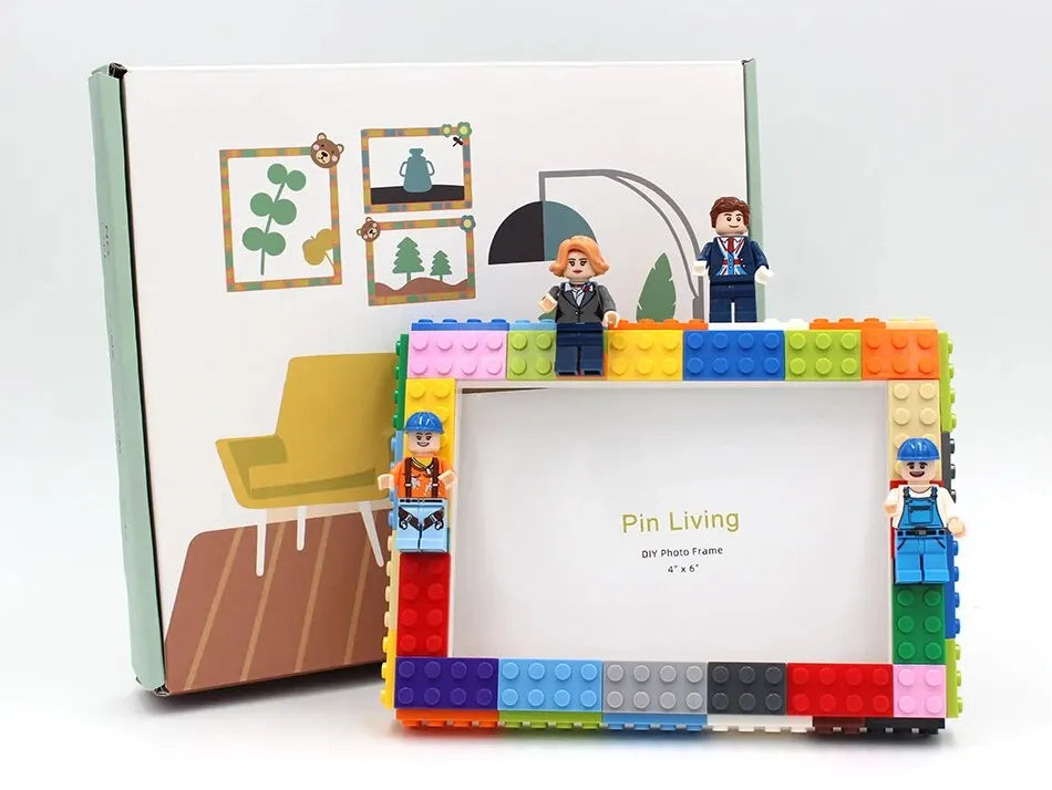 A DIY building block photo frame kit featuring various colored blocks and a wooden frame with a figure.