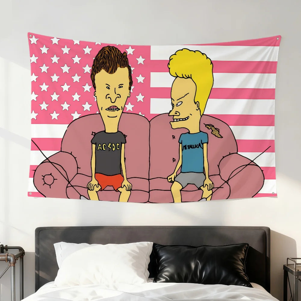 A flag featuring Beavis and Butt-Head characters in a cartoon style against a pink and white striped background