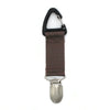 A black portable straw hat clip with a brown woven strap and a silver metal hook.