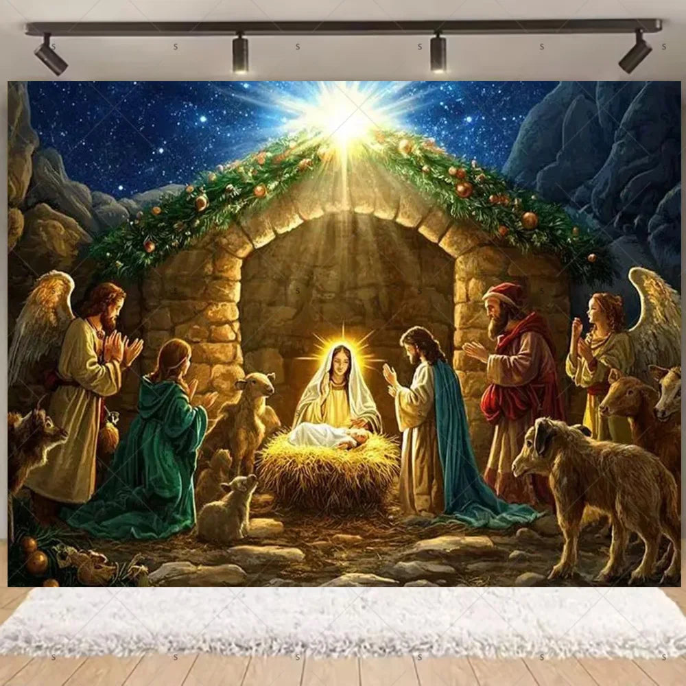 Starry Night Nativity Scene Backdrop for Christmas Celebrations