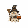 Wooden ghost door hanging featuring a witch hat design and a broomstick.