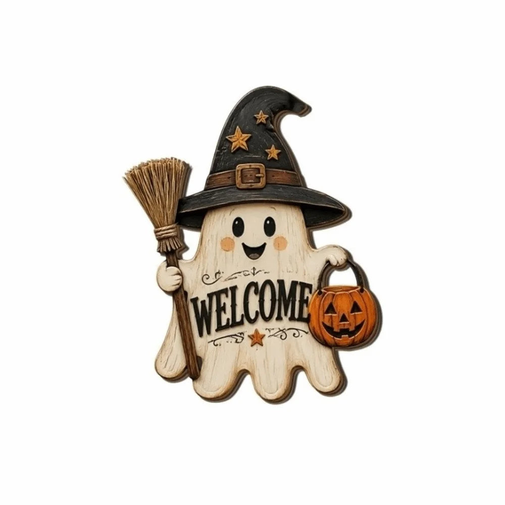 Wooden ghost door hanging featuring a witch hat design and a broomstick.