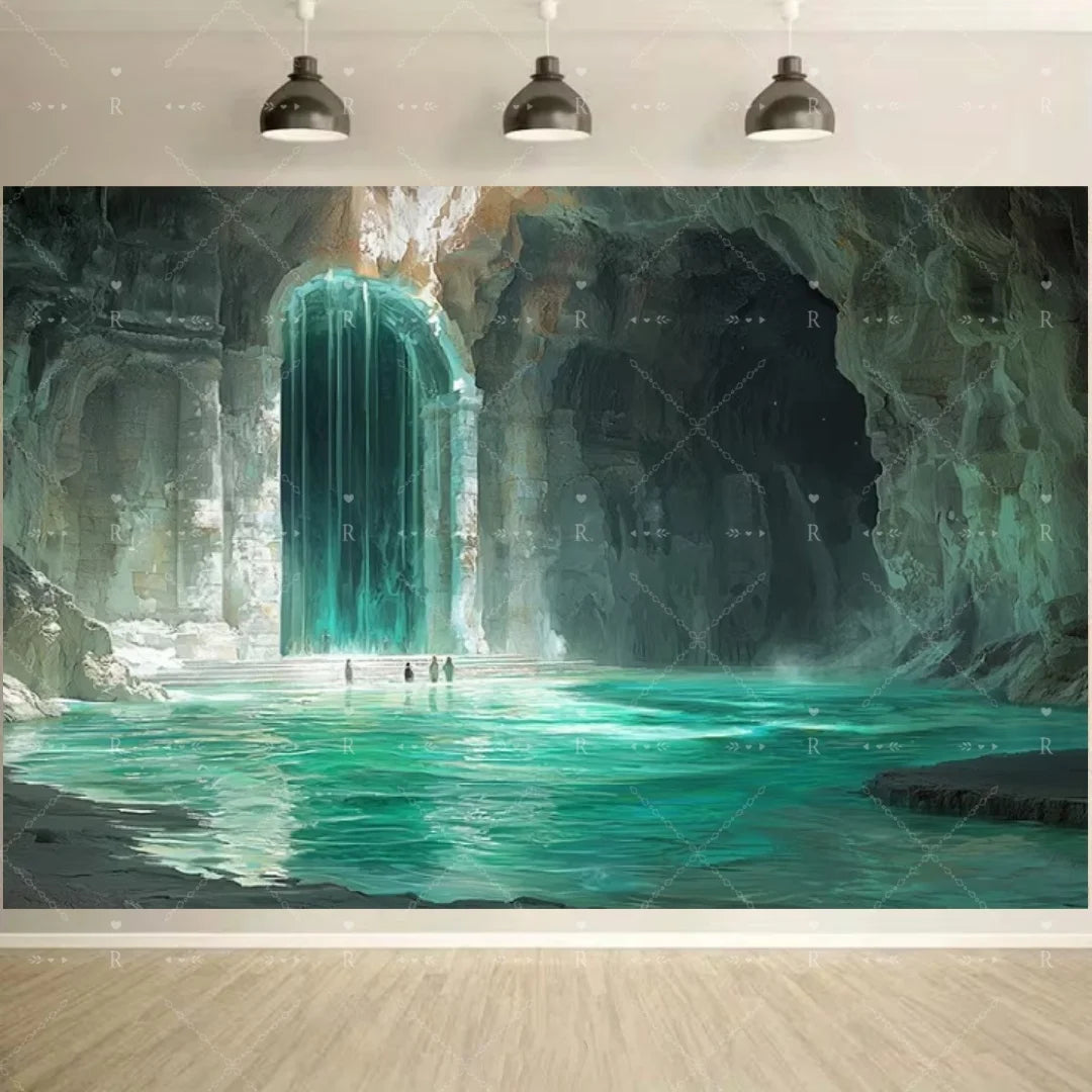 A large painting depicting a vibrant turquoise waterfall cascading into a pool within a dark cave setting.