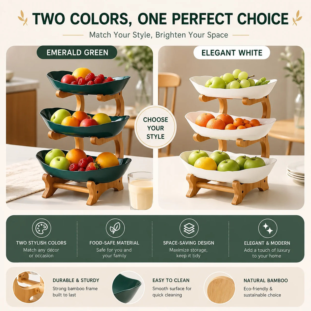 Two color fruit basket stand featuring emerald green and elegant white options for displaying fresh produce.