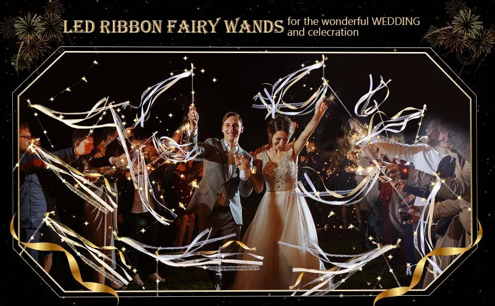 LED ribbon fairy wands with glowing ribbons and bells used for wedding celebration.