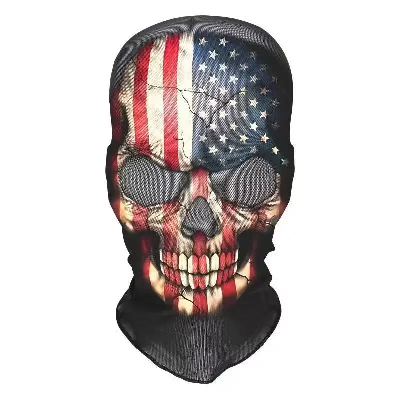 Halloween skeleton face mask featuring a distressed American flag design with breathable mesh hood