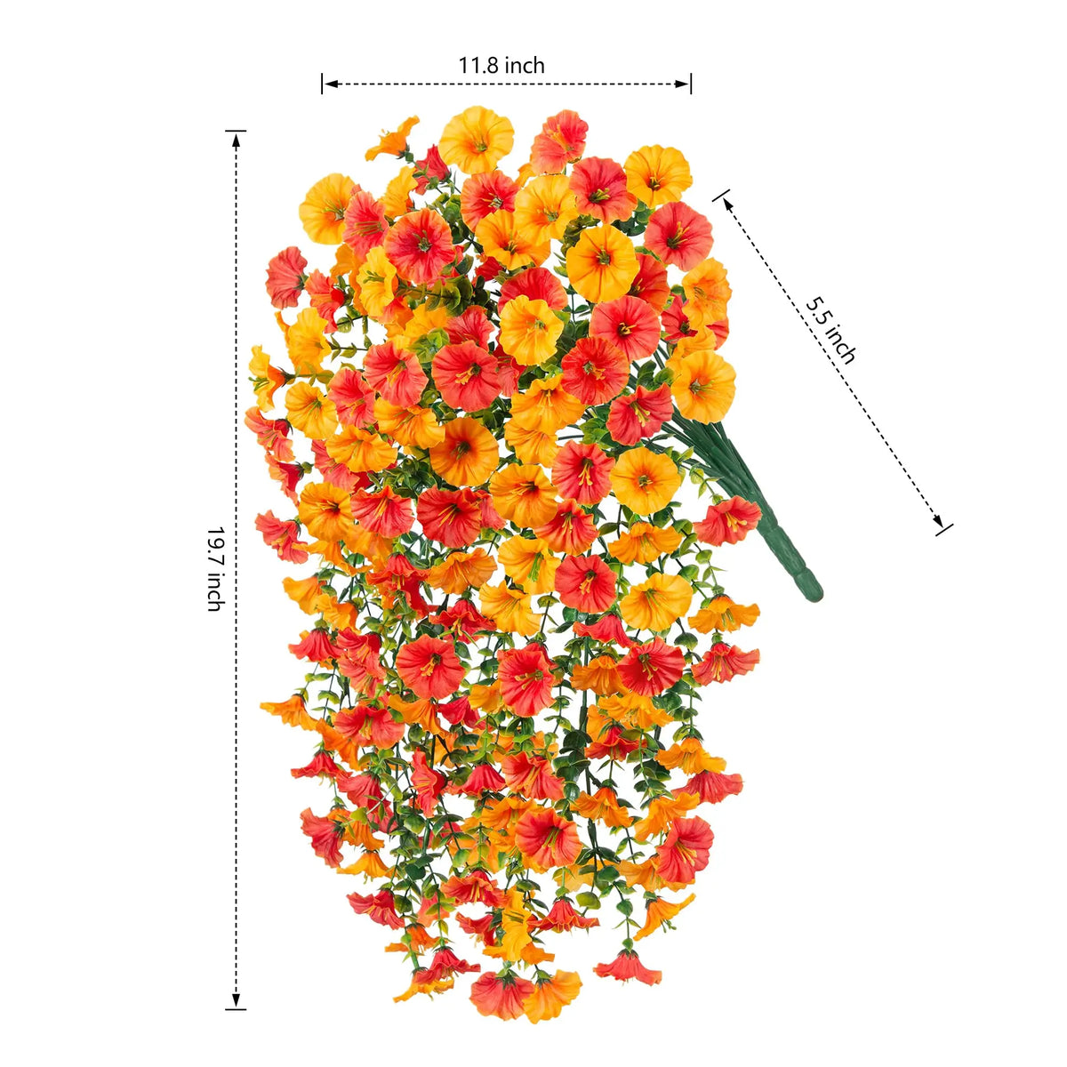 A vertical arrangement of artificial silk morning glory flowers in vibrant orange and red hues.