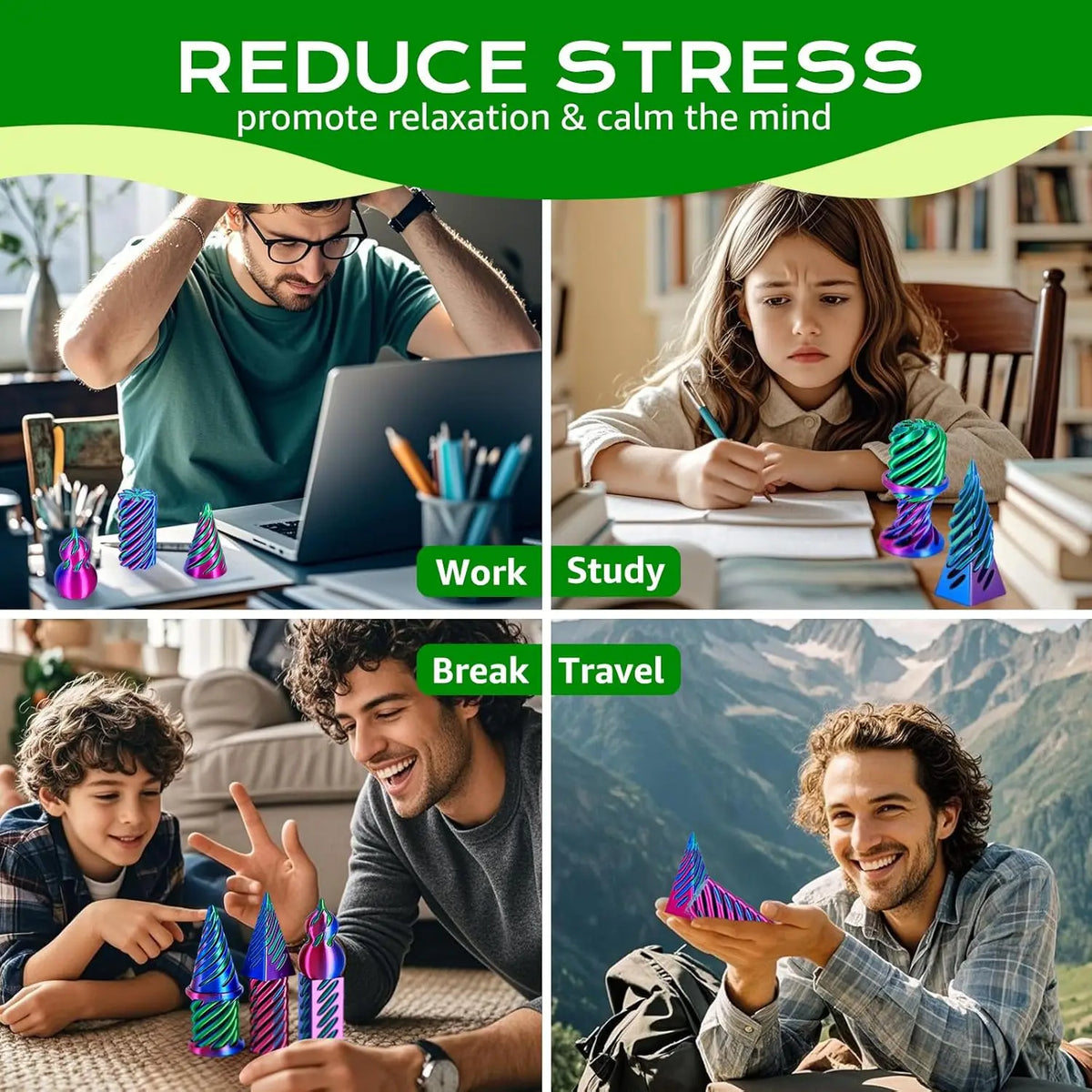 A collage showing people working, studying, taking a break, and traveling with colorful 3D printed spiral fidget toys.