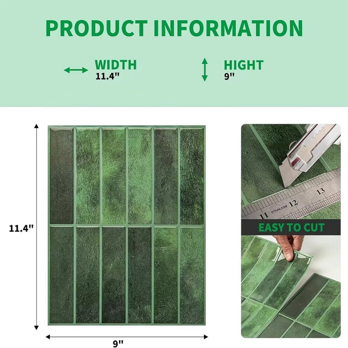 A set of rectangular green 3D peel and stick backsplash tiles shown with dimensions.