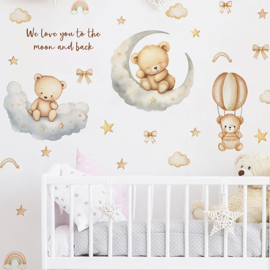 Wall stickers featuring cute cartoon bears sleeping on a crescent moon and clouds for a nursery room