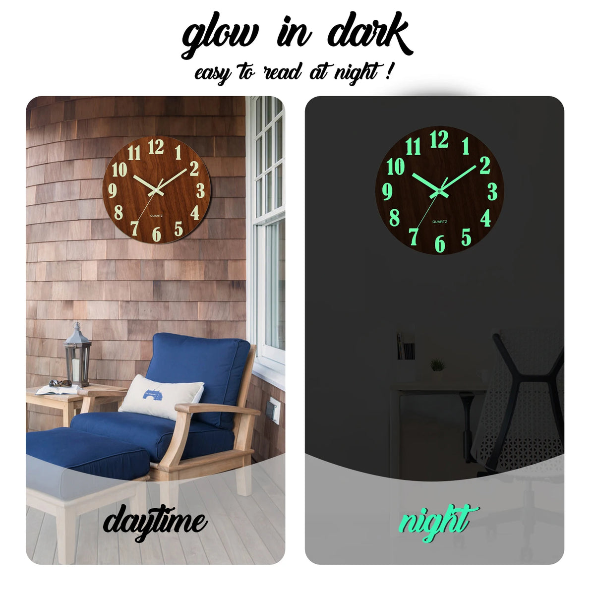 Reloj de pared de madera luminoso mostrando la hora y una vista nocturna.