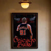 A framed poster featuring Dennis Rodman in a Chicago Bulls jersey with the text Chicago Bulls