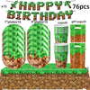 A set of happy birthday decorations featuring wooden plates, cups, and gift bags in a green miner theme.