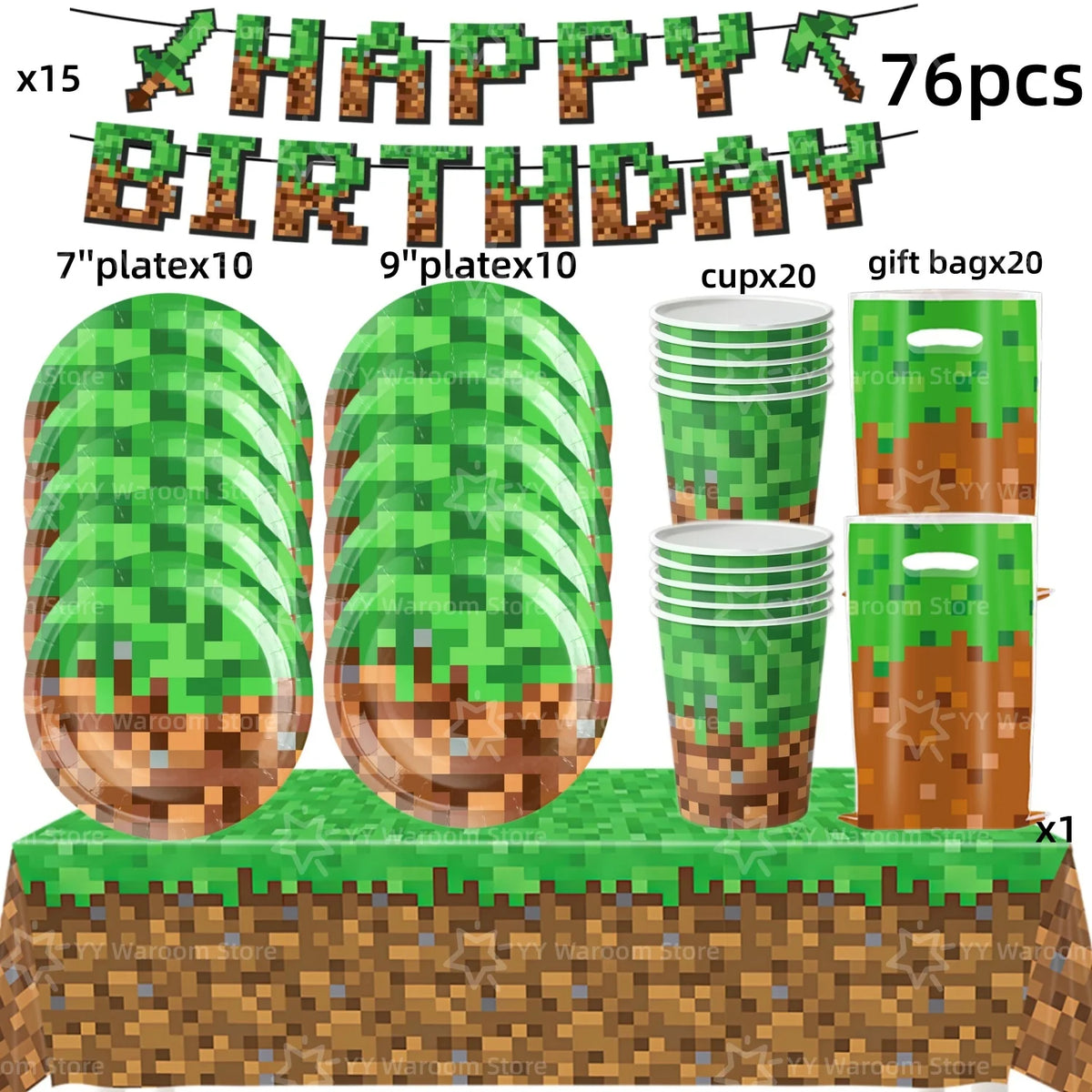 A set of miner-themed birthday party supplies including wooden plates, cups, and gift bags.