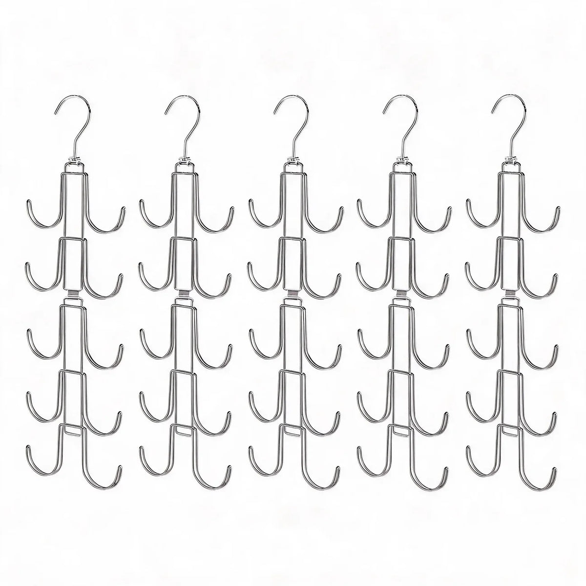 A set of five rotating organizer hangers with swivel hooks for clothing or accessories.