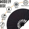A black folding hand fan shown with various uses indicated: Home Decor, Disco, Dance, Beach, and Edm.