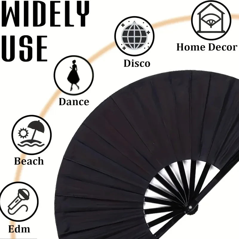 A black folding hand fan shown with various uses indicated: Home Decor, Disco, Dance, Beach, and Edm.