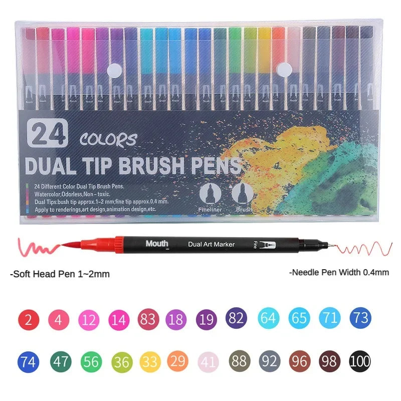A set of 24 dual tip brush pens featuring various colors and sizes for art and design.