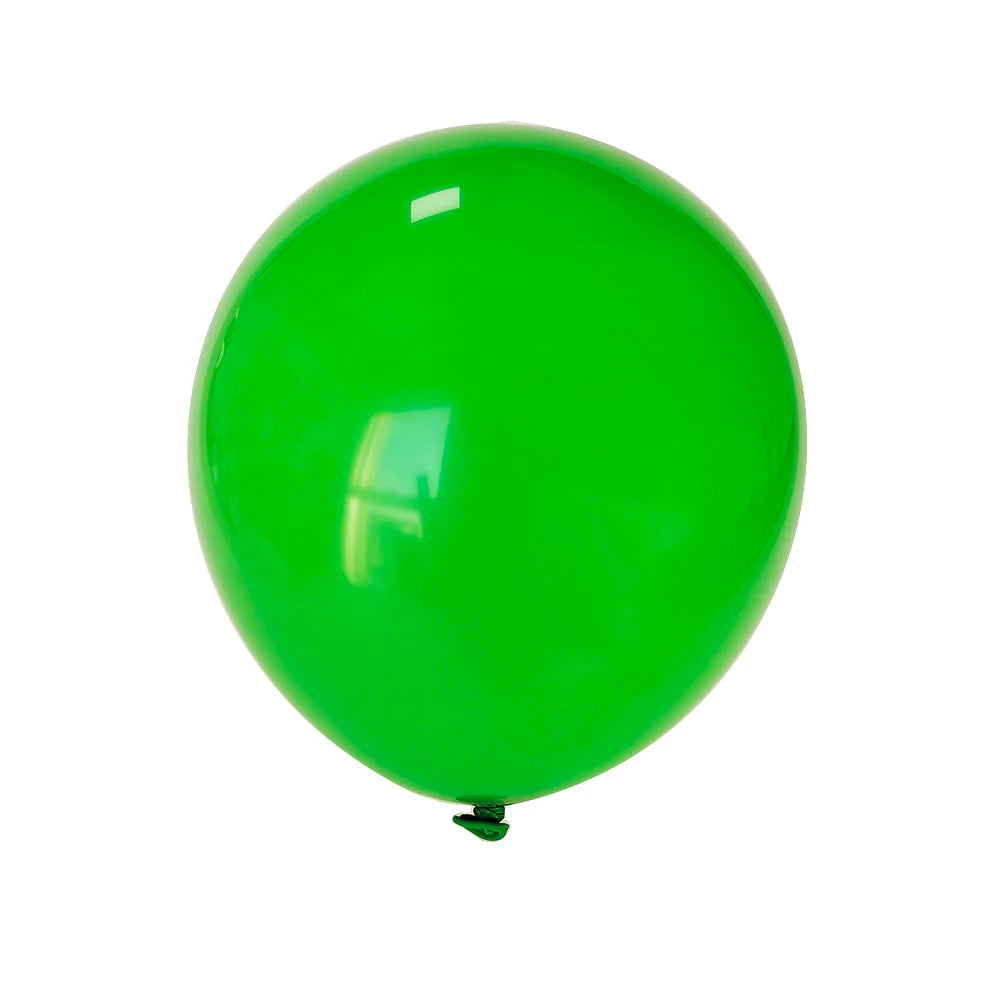 A single bright green latex balloon against a white background.