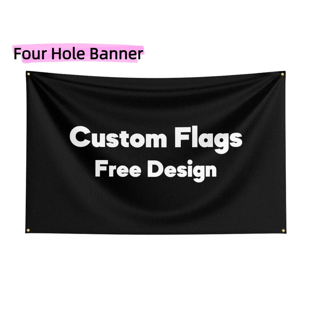 Black banner flag with white text reading Custom Flags Free Design