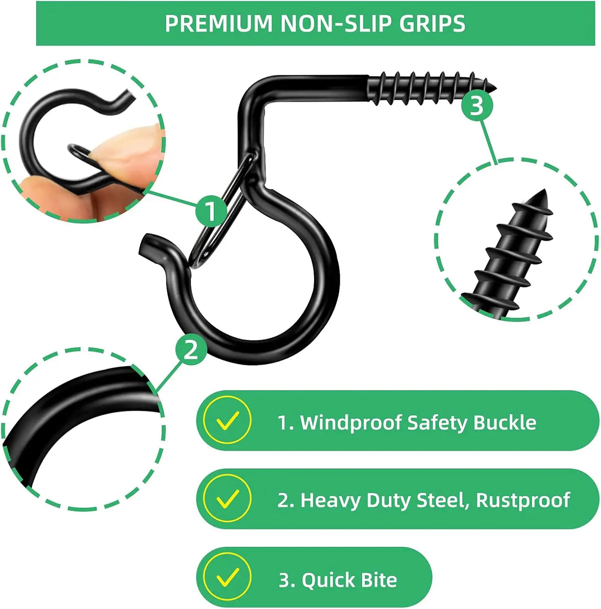 Diagramm der Komponenten von Premium-Anti-Rutsch-Griffen, einschließlich Haken, Schnalle und Bissmechanismus.