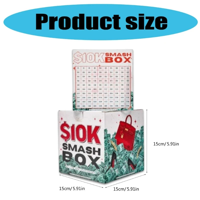 A box labeled SIOK SMASH BOX with a red fabric bag inside, shown next to a size reference.