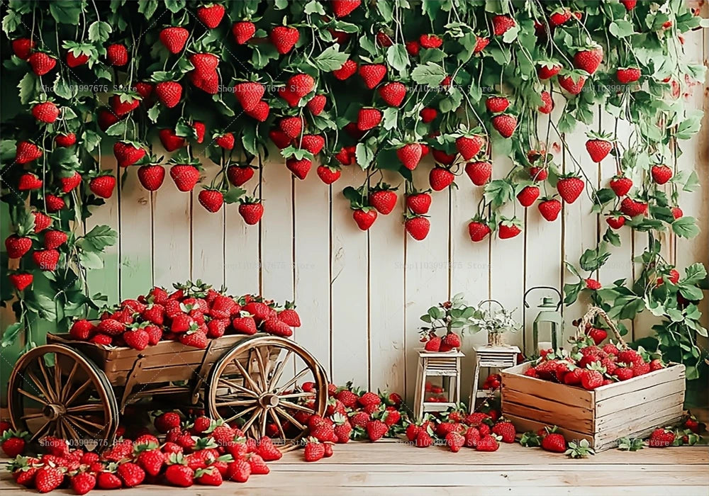 Üppiges grünes Erdbeerranken-Hintergrund mit reifen roten Erdbeeren und Holzelementen für eine Geburtstagsfeier.
