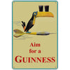 Vintage metal sign featuring a stylized yellow bird head and the text Aim for a Guinness