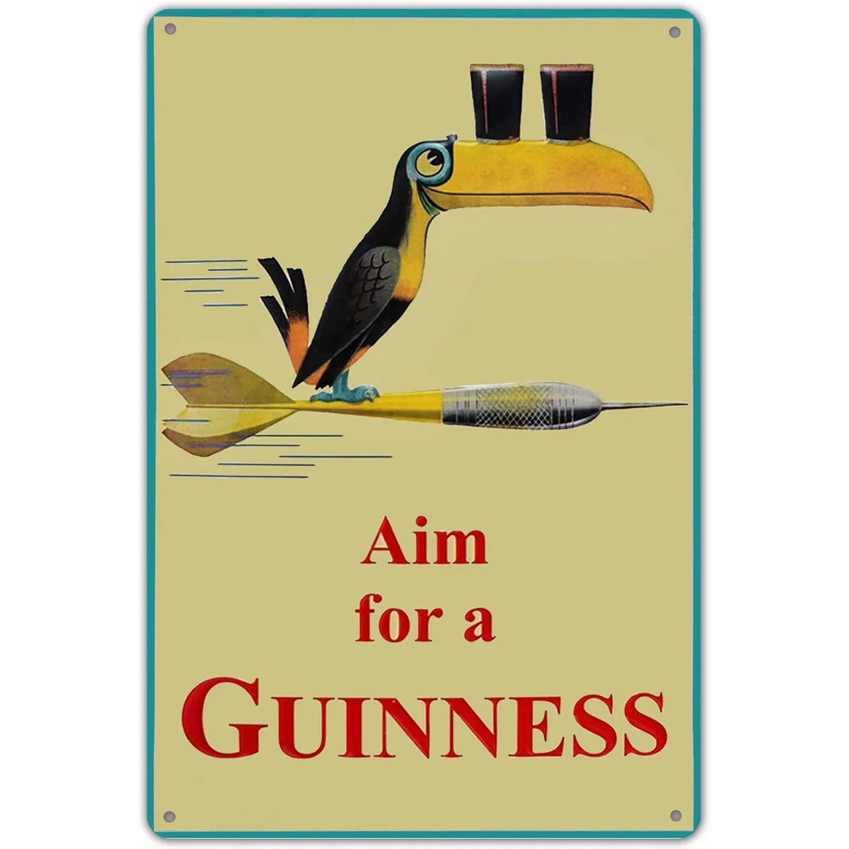 Vintage metal sign featuring a stylized yellow bird head and the text Aim for a Guinness
