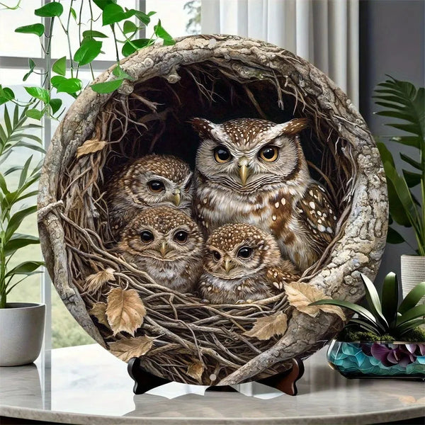 A large, natural-looking nest filled with several small owls, used as vintage animal metal wall decor.