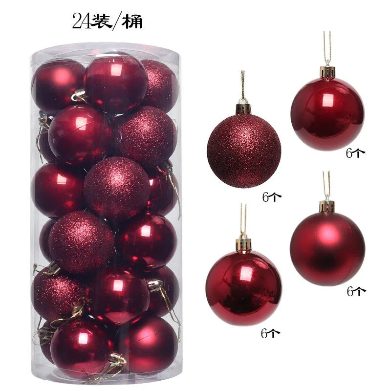 A collection of 24 deep red and glittery Christmas baubles for holiday tree and seasonal decoration.