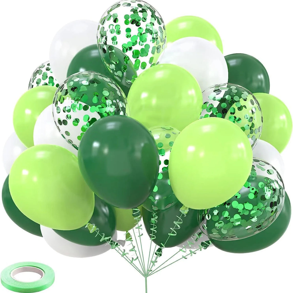A collection of green and lime colored latex balloons in various shades and glitter finishes.