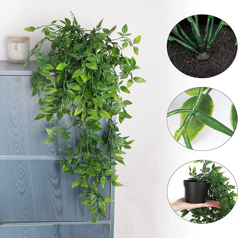 Artificial ivy garland with a pot shown in various close-up views and hanging on a cabinet.