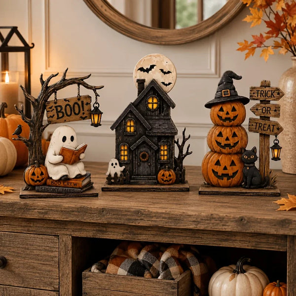 Halloween Spooky Decor Set – Ghost, Pumpkin & Black Cat Wooden Signs