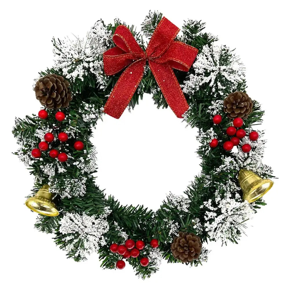 A 10-inch artificial Christmas wreath decorated with evergreen branches, red berries, and a velvet bow.