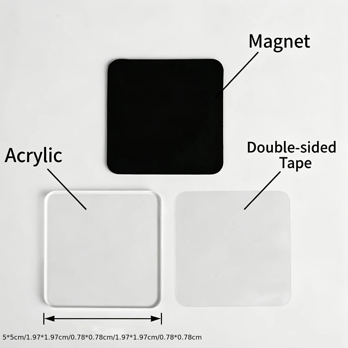 A set of black acrylic fridge magnets with double-sided tape and a magnet for personalization