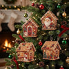 A Christmas tree decorated with handcrafted wooden cabin ornaments and festive greenery.