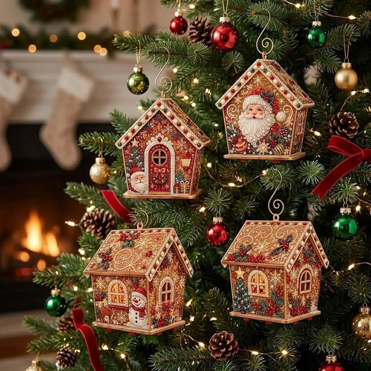 A Christmas tree decorated with handcrafted wooden cabin ornaments and festive greenery.