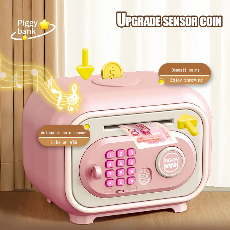 A pink piggy bank with an automatic coin sensor is shown, ready for depositing and throwing coins.