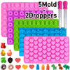A pink silicone candy mold kit with 5 molds and 2 droppers, featuring various heart-shaped and animal-shaped silicone molds.