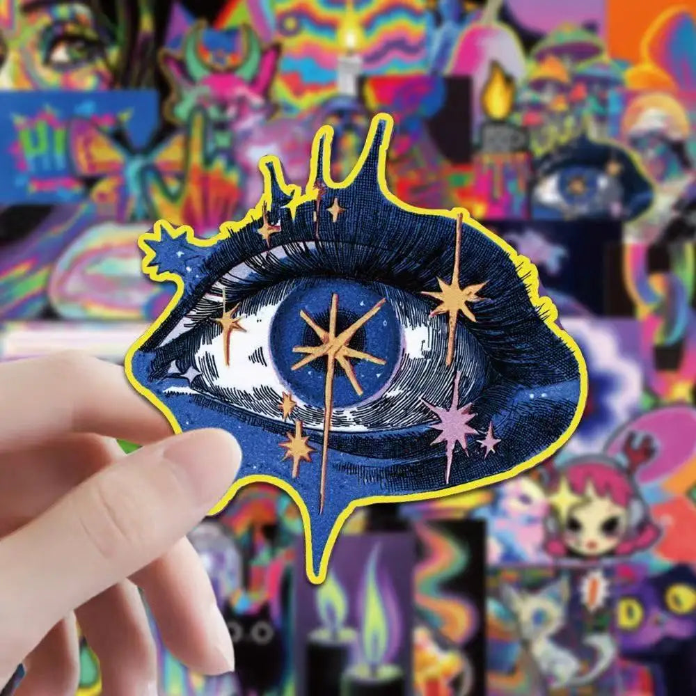 A hand holds a blue and yellow sticker featuring an eye design against a colorful vaporwave background.