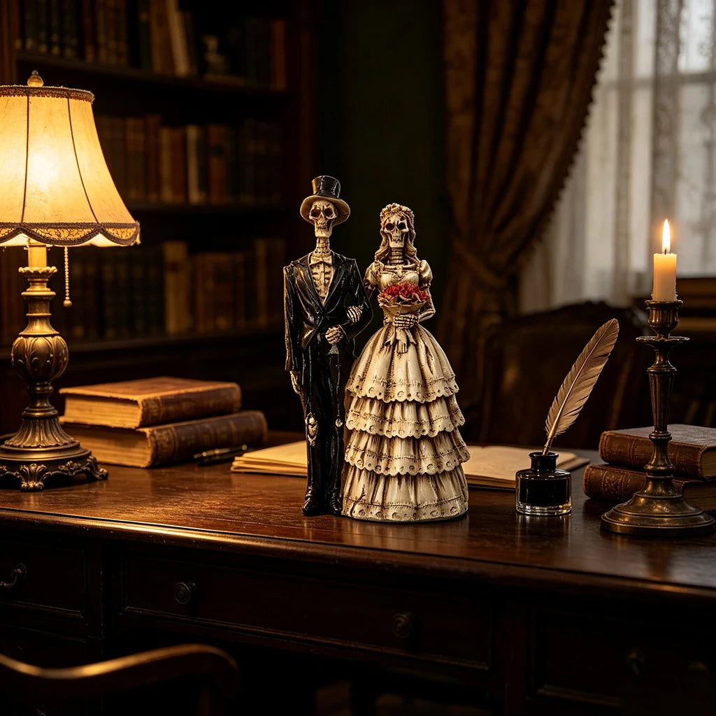 A resin figurine depicting a gothic skeleton bride and groom standing on a wooden desk next to a lamp and candle.