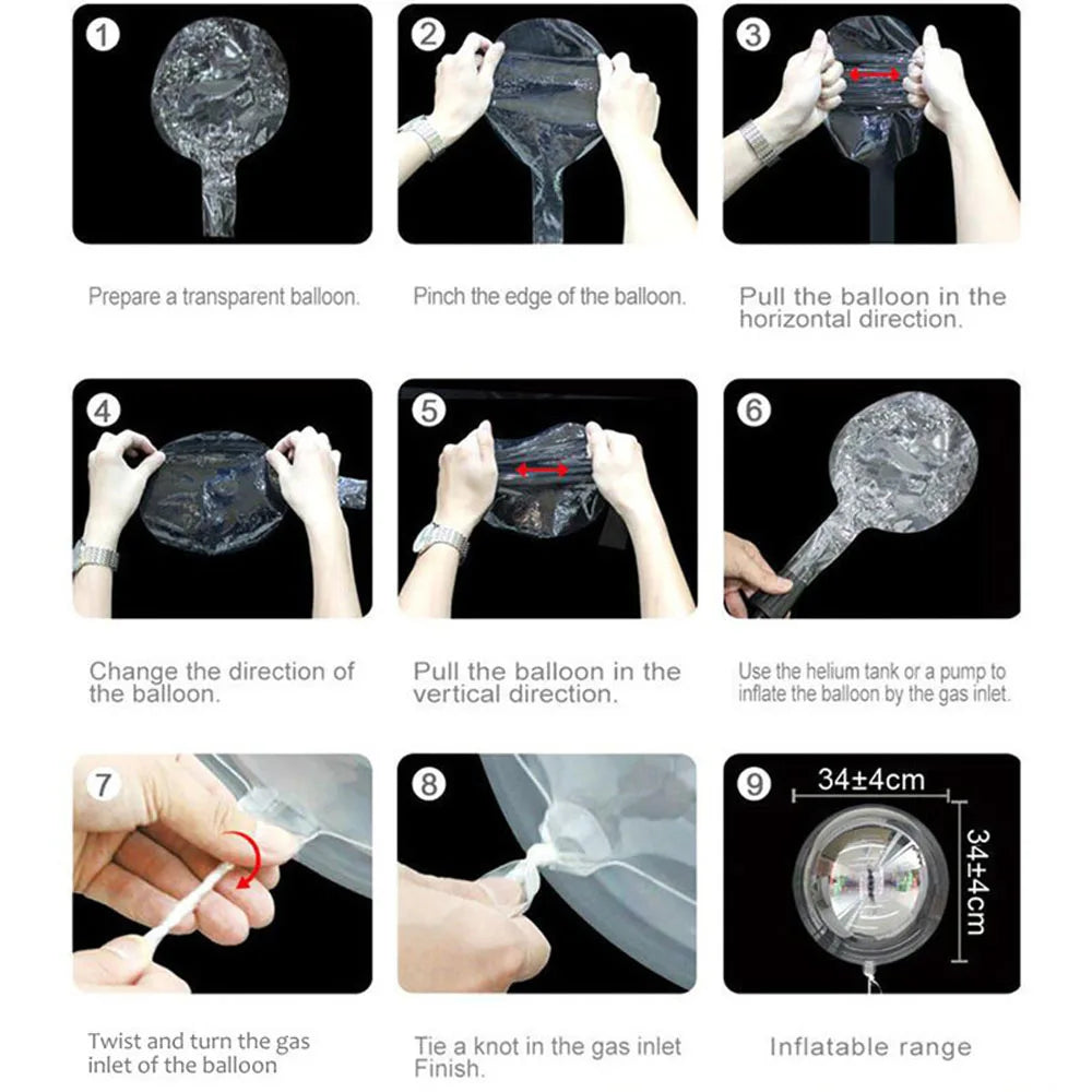 Nine steps showing how to prepare and inflate clear balloons for party decor