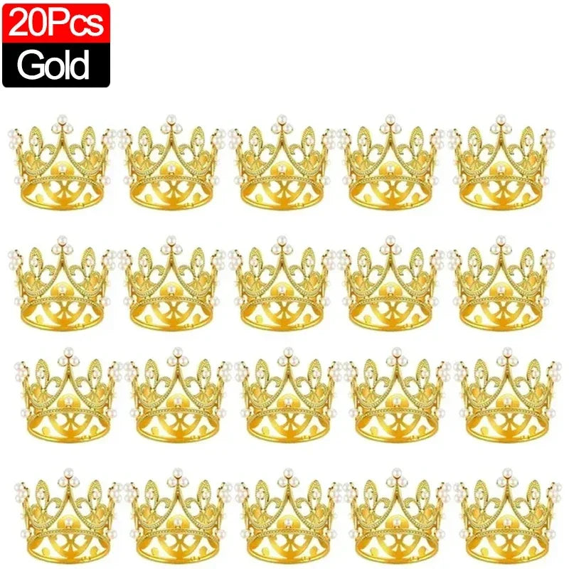A set of 20 gold crown cake topper decorations.